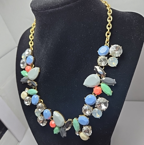 J Crew Crystal Gold Colorful Gemstone Collage Statement Bib Necklace - Picture 2 of 8